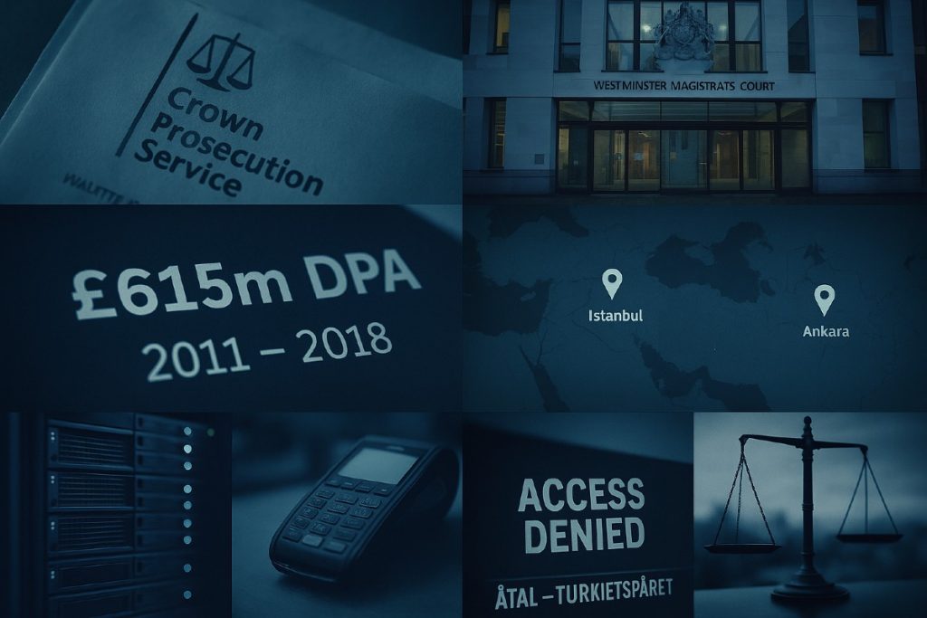 "Illustration av rättsprocess mot tidigare GVC-ledare, med Westminster Magistrates’ Court, brittiska rättsdokument och £615 miljoner DPA, kopplat till Entains Turkiet-verksamhet 2011–2018.